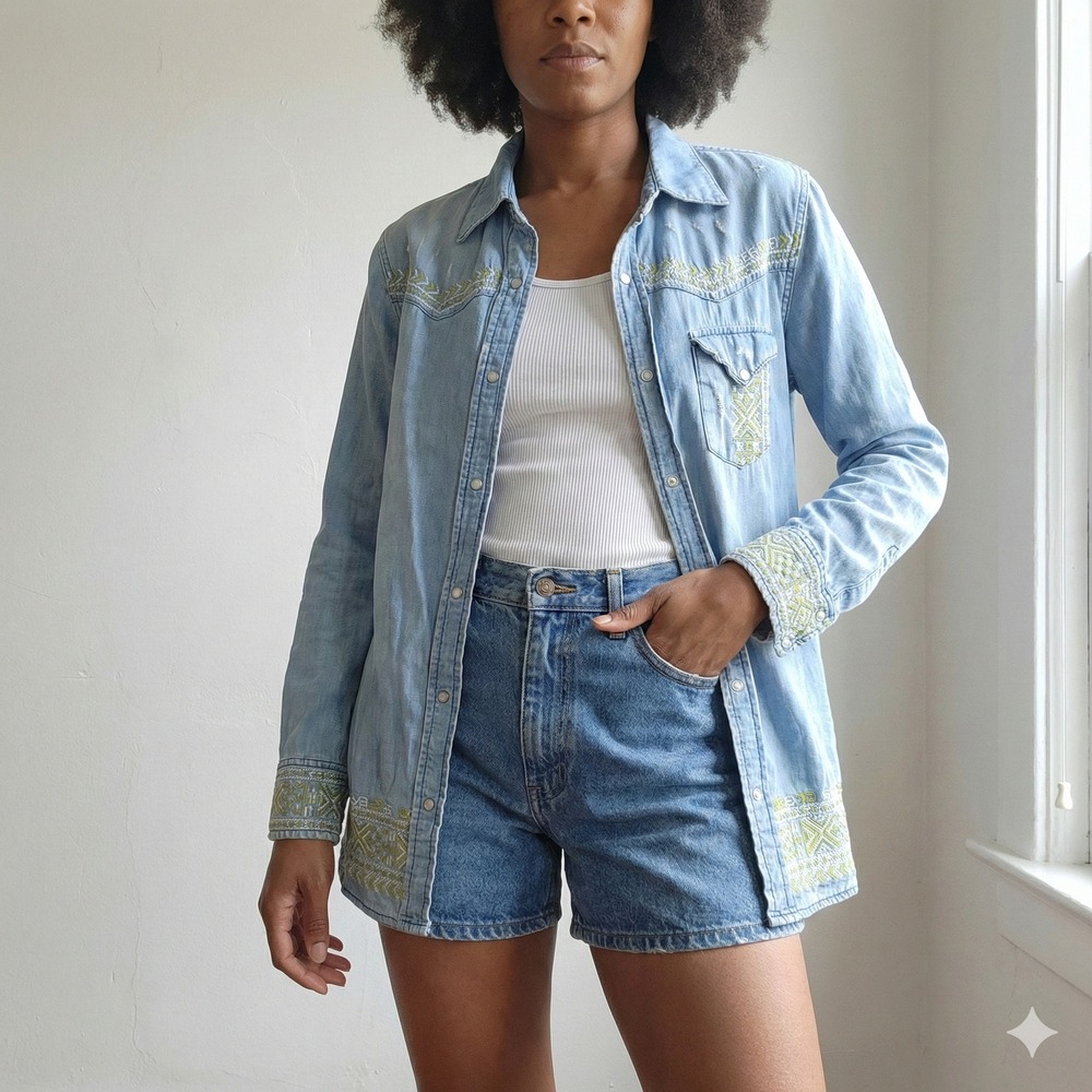 Ser.O.Ya Matt Chambray Shirt Womens Small Blue Western Pearl Snap Embroidered
